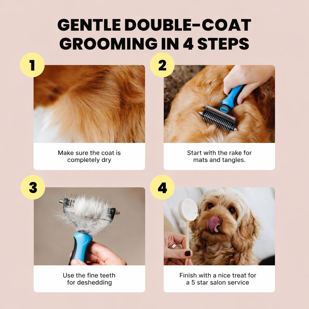 Step-by-step guide to gentle double-coat grooming with a dog on a beige background