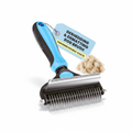 Deshedding and dematting dog brush with blue handle and metal bristles on a white background.