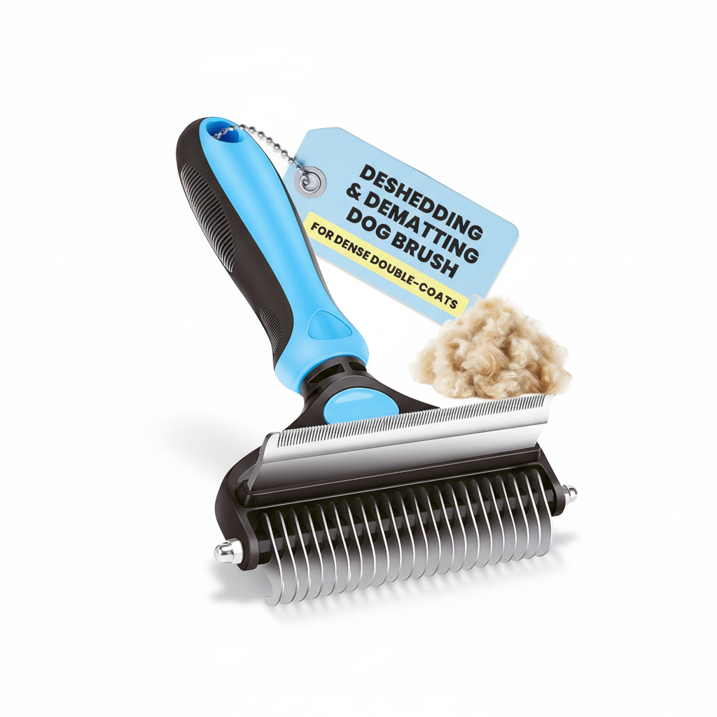 Deshedding and dematting dog brush with blue handle and metal bristles on a white background.